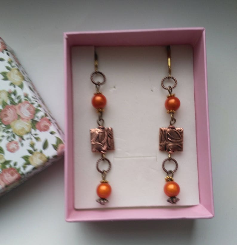 Miracle Beads& Copper Pierced Earrings Long Dangle Earring Brass Leverback Earrings Shiny Orange Miracle bead Cute Earrings by enchantedbeas image 2