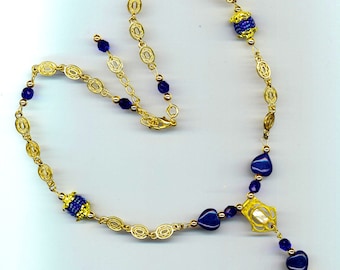 Royal Blue Necklace Midnight Blue Beaded Beads Mother of Pearl Lapis Lazuli Hearts Pantone Color 2020 Midnight Blue Romance by enchantedbeas