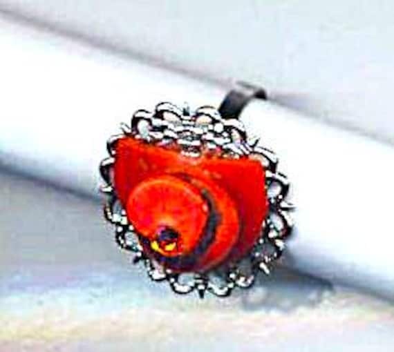 Red Round Coral Ring, Natural Coral Adjustable Silver Plate Ring, Filigree Base Ring, Swarovski Rhinestone Natural Coral Ring, Gift for Her