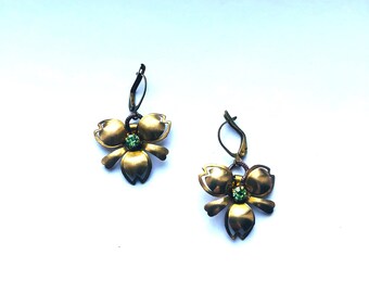 Vintage Golden Brass Flowers Pierced Floral Earrings Light Blue Rhinestone Romantic Earrings Brass Leverback Gift for Her by enchantedbeas