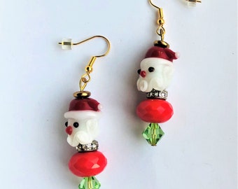 Santa Lampwork Beads Earrings White Red and Green Santa face Lampwork Glass Bead Christmas Santa Earrings Fun Gift for her by enchantedbeas