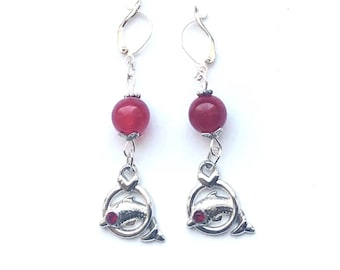 Dolphin Earrings, Sea World Creatures Earrings, Silver Plated Dolphin Earrings, Agate Beads Earrings, Silver Plated Leverback, Gift for Her