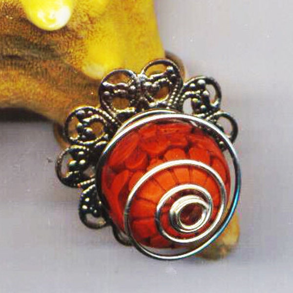 Red Cinnabar Cocktail Silver Plated Filigree Ring Adjustable Statement Ring Carved Caged Bead Easter Holidays Gift for Her by enchantedbeads