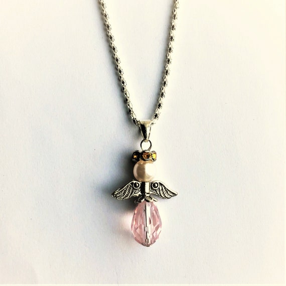 Angel Pendant pink faceted glass Briolette Pendant October Birthstone Angel Pendant Communion Angel Necklace Easter Christmas Angel for Her