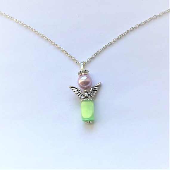 Angel Pendant with Green Fiber Glass Skirt Christmas Communion Silver Plated Green Wings Angel Necklace Watching over You by enchantedbeas