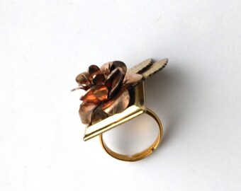 Gold Plated Adjustable Floral Ring Vintage Petals Leaves& Pearl Ring Gold Plated Adjustable Base Rose Ring Gift for Her by enchantedbeas