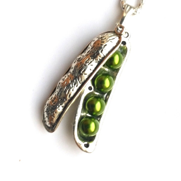 4 Peas in a Pod Pendant Green Pea Pod Necklace Green faux Pearls Green Pea Pod Cute Charm Fun Pea Pod Necklace Gift for Her by enchantedbeas