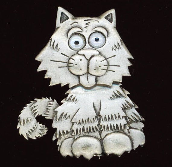 Vintage Cat Brooch Pewter Brooch Signed JJ cartoo… - image 1