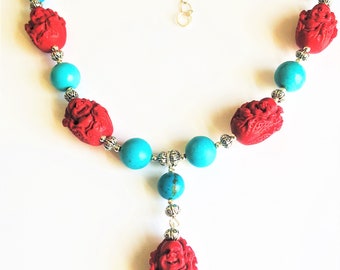 Lucky Happy Tibetan Buddha Necklace Magic Power Charm Red Cinnabar Marbled Blue Turquoise Bead Necklace Tibetan Buddha head Gift for Her