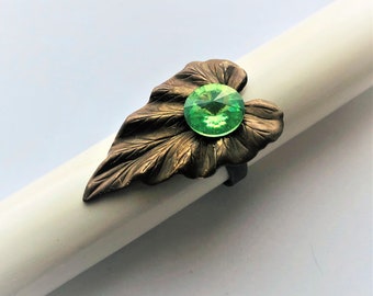 Vintage Large Leaf Adjustable Ring Antique Brass Leaf Ring Green Round Swarovski Crystal on a Leaf Ring Unique Gift for her by enchantedbeas