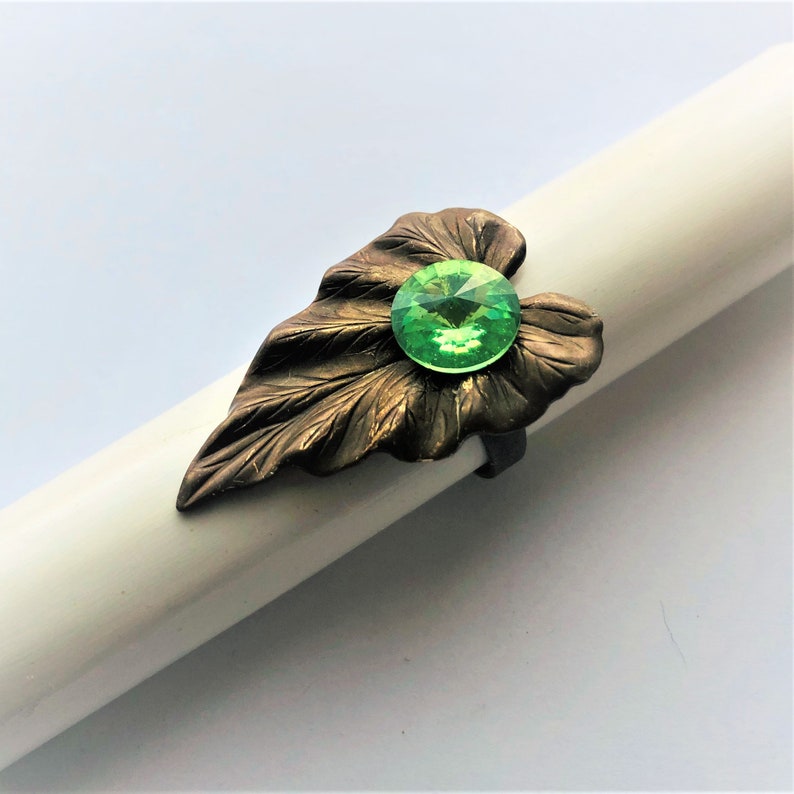 Vintage Large Leaf Adjustable Ring Antique Brass Leaf Ring Green Round Swarovski Crystal on a Leaf Ring Unique Gift for her by enchantedbeas image 1