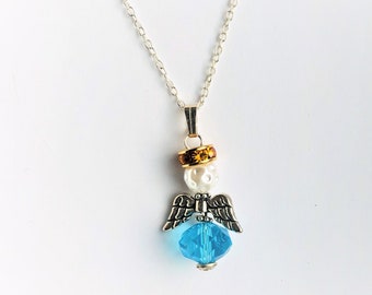 Angel Pendant Blue Skirt Faceted Swarovski Crystal  Easter Angel Guardian Angel Necklace Silver Wings  Watching Over You by enchantedbeas