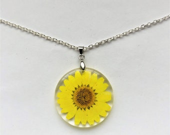 Yellow Floral Charm Pendant S Pl. Necklace Love of Nature Dried Flower Under Glass Summer Fall Floral Pendant Gift for Her by enchantedbeas