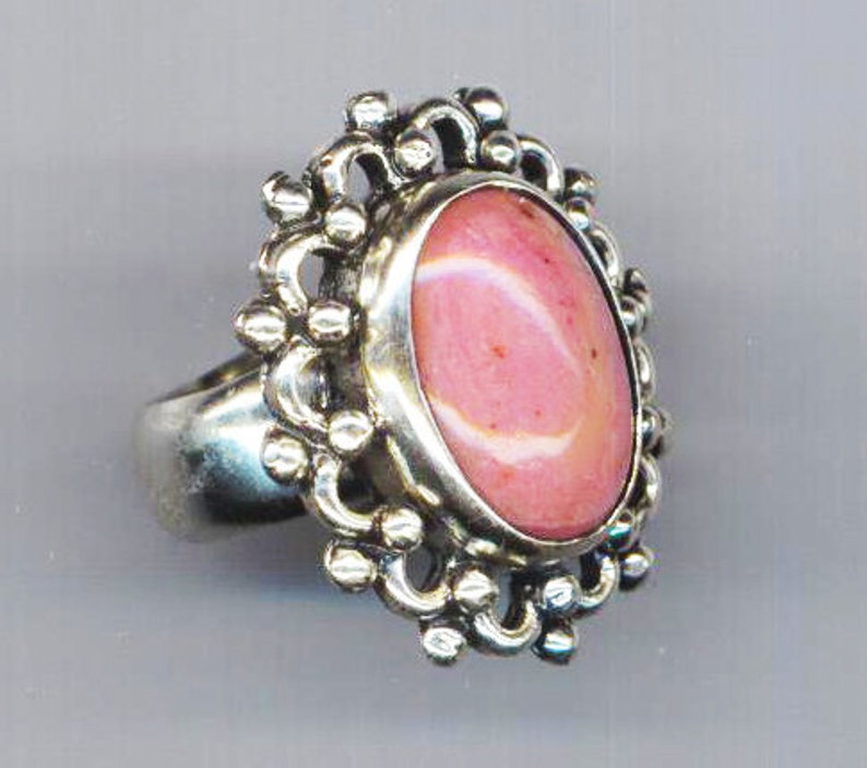 Vintage Sterling Silver Bold Statement Cocktail Ring Unique Gift for Her Oval Rhodochrosite Massive Filigree SS Beauty by enchantedbeas image 2