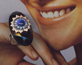 Floral Ring. Royal Blue Stone Cocktail Ring Beaded Cat's Eye Cabochon Faceted German Glass Pretty Blue Flower Ring for Her by enchantedbeas
