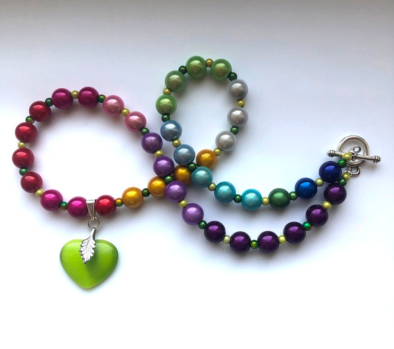Ombre Miracle Beads Necklace Glow in the Dark Red Yellow Green Blue Purple Shiny Heart Necklace Holiday Statement Necklace by enchantedbeas