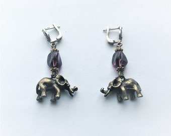 Bronze Elephant Charm Earrings Sterling Silver & Rhinestone Lever-back Elephant Earrings Purple Beads Earrings Gift for her by enchantedbeas