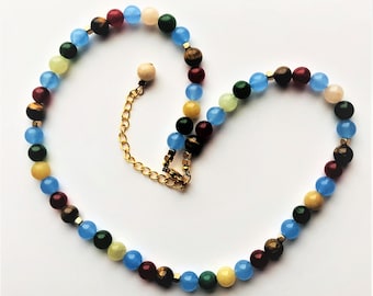 Genuine Jade Tiger Eye Agate Luminous Beaded Necklace Brown Dark Red Green Blue Yellow gemstone Beads Gold pl. Gift for Her by enchantedbeas