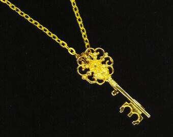 Vintage Golden Filigree Key Pendant Skeleton Key A key to Science A Key to Art Valentine's Day A Key to my Heart Necklace by enchantedbeas