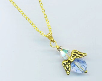 Aquamarine Angel Pendant Blue Czech Crystals Golden Wings Birthstone Crystal Gold Pl. Necklace for Her Watching Over You by enchantedbeas