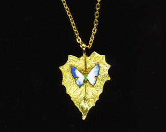 Blue Butterfly Leaf Pendant, Enamel Moss Butterfly, White & Blue Enameled Butterfly Necklace Golden Leaf Spring Pendant Unique Gift for her