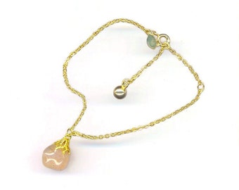 Vintage Bracelet Gold Plated Fine Link Chain Pink Agate Gemstone Semiprecious Stone Charm Valentine Bracelet Gift for Her by enchantedbeas