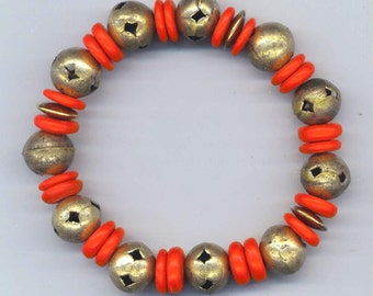 Vintage Christmas Holiday Bracelet Elastic Her Antique Brass Bracelet Gypsy Bell Distressed Jingle Bell Red disc Bracelet by enchantedbeas
