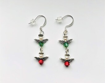 Small Angel Earrings, Silver Plated French ear wires, Red& Green Faceted Austrian Crystal Earring, Easter Christmas Miniature Angel Earrings