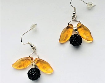 Rhinestone Blackberry Fruit Earrings Organic Fruit Summer Food S. pl. French Ear Wires Golden Topaz color Leaf Gift for Her by enchantedbeas