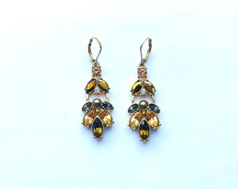 Vintage Multicolor Rhinestone Marquise Earrings Gold Plate Lever-back Earrings Romance Purple Citrine Color Earring for Her by enchantedbeas