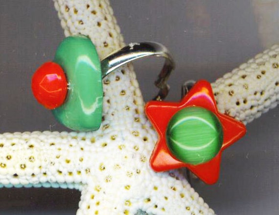 Couple Colorful Rings, Adjustable Red Star & Green Cat's Eye Stone, Green Heart Red Stone, Matching Rings for Kids/ Teens Holiday Fun Gifts