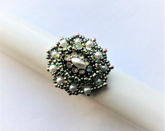 Navette/ Marquise Ring OOAK Beaded Beadwoven Ring Round Silver Pl. Adjustable Pearl Ring Electric Green Beadwork Embroidery by enchantedbeas