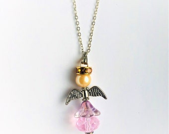 Swarovski crystal Angel Pendant Lilac Glass Skirt Silver Wings Guardian Angel Necklace Gift for Her Watching Over You by enchantedbeas Etsy