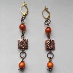 Miracle Beads& Copper Pierced Earrings Long Dangle Earring Brass Leverback Earrings Shiny Orange Miracle bead Cute Earrings by enchantedbeas image 1