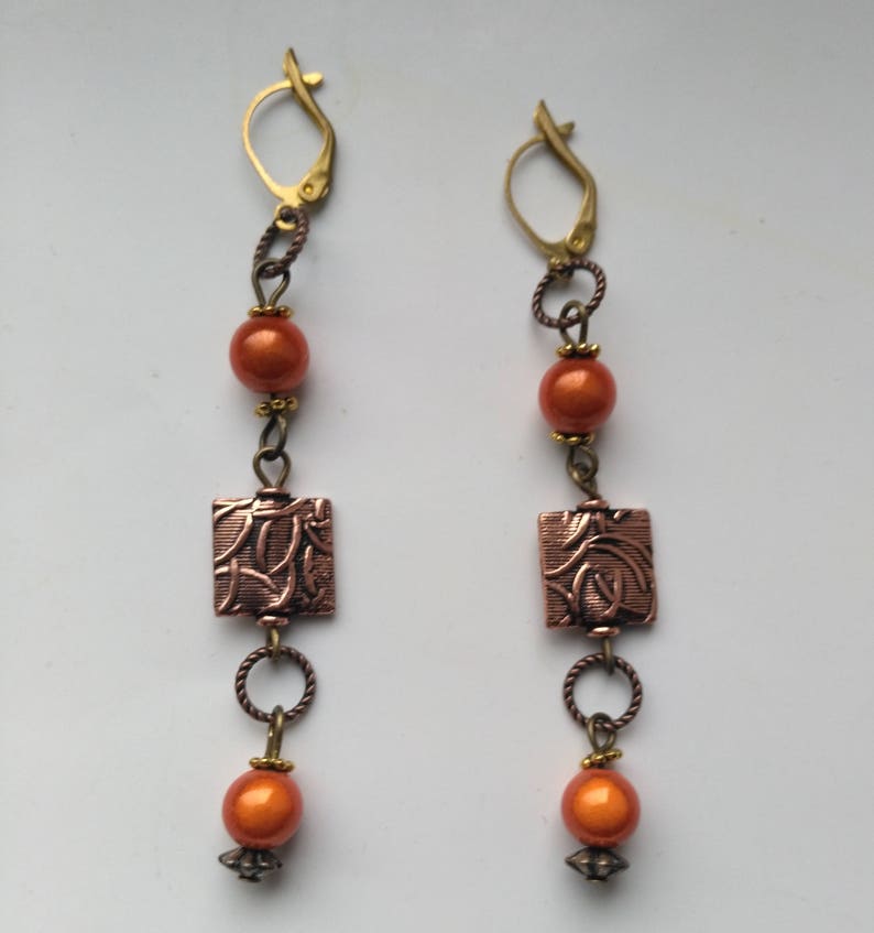 Miracle Beads& Copper Pierced Earrings Long Dangle Earring Brass Leverback Earrings Shiny Orange Miracle bead Cute Earrings by enchantedbeas image 1