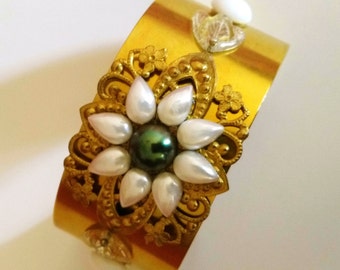 Brass Filigree and Pearl Flower Cuff Light Bracelet White& Gray Cabochon Cuff Brass Filigree Floral Adjustable Golden Bracelet Gift for Her