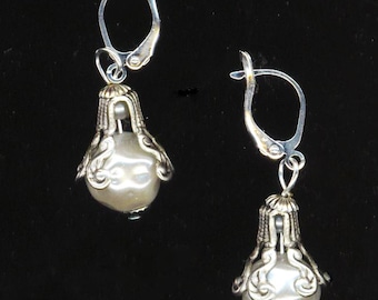 Large Pearl Earrings, Vintage Filigree Silver Petals Earrings, Dangling Pierced Earrings, Botanical Floral Silver P Lever Back Gift for Her