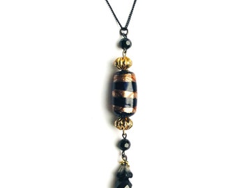 Lamp-work Black Golden Cylinder Bead &Spacer Pendant, Black Flower Cap, Black Crystal Beads, Black fine Chain, Gift for Her by enchantedbeas