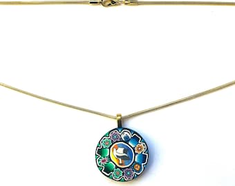 Fimo Bird & Flower Pendant, Colorful Polymer Clay Necklace, Golden Chain