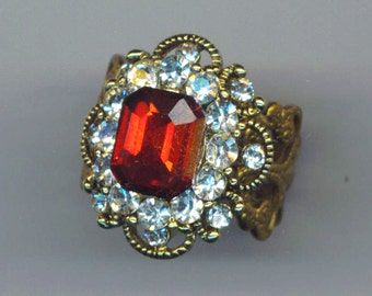 Ruby Red Swarovski Rhinestone Ring Adjustable Vintage Clear Stone Setting Ring Valentine's Day Ring Golden Filigree Ring base, Gift for Her