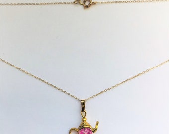 Gold Plated Cute Teapot Pendant Pink Czech Crystal Necklace G. Filled Chain Small Golden Teapot Pendant Unique Gift for her by enchantedbeas