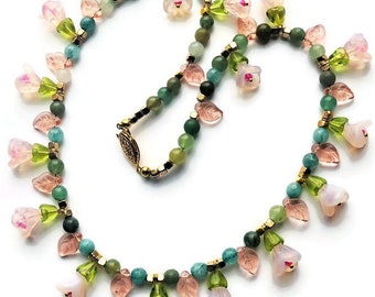 Cherry Blossom Floral Necklace Summer Cherry Pink Green Flowers Glass Statement Necklace Lampwork Flowers Pink Leaves Gift by enchantedbeads