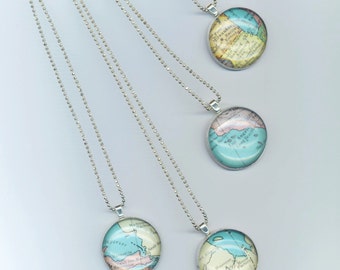 Vintage World Map Necklace Pendant, Domed Glass Traveler Round Charm, Earth, USA-Los Angeles, Albany Imaginary Journey Gift for him, for her