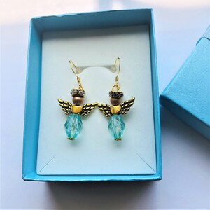 Blue Guardian Angel Earrings Rhinestone Roundel Golden Pearl Blue Crystal Christmas Angels Communion Earrings Gift for her by enchantedbeas