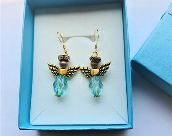 Blue Guardian Angel Earrings Rhinestone Roundel Golden Pearl Blue Crystal Christmas Angels Communion Earrings Gift for her by enchantedbeas