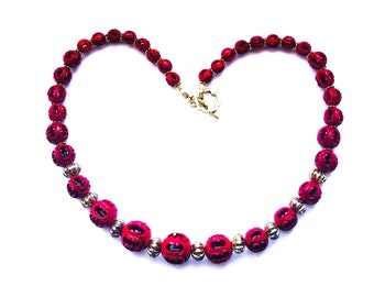 Red Necklace, Beautiful carved designer beads, Statement Round the Neck Choker, graduating Beads G Pl spacers Gift for her by enchantedbeas