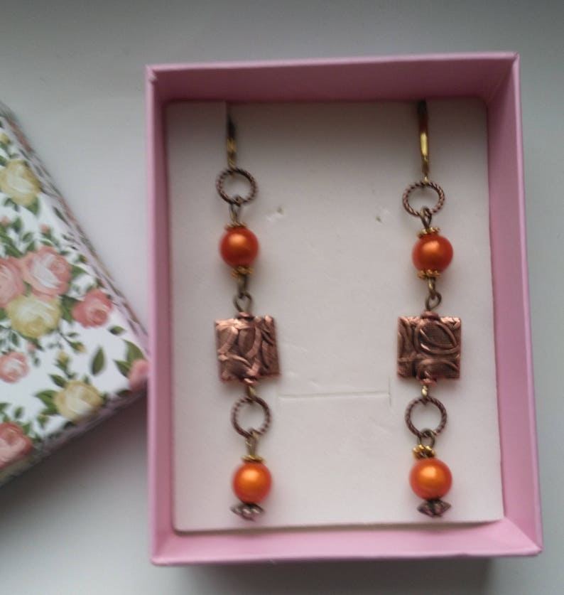 Miracle Beads& Copper Pierced Earrings Long Dangle Earring Brass Leverback Earrings Shiny Orange Miracle bead Cute Earrings by enchantedbeas image 4