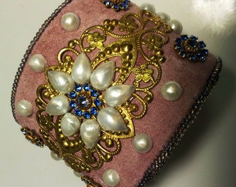 Brass Filigree Cuff Bracelet . Pale Pink / Lilac. Pearl Flower . Blue Swarovski Roundels - Floral Adjustable Cuff by enchantedbeas on Etsy