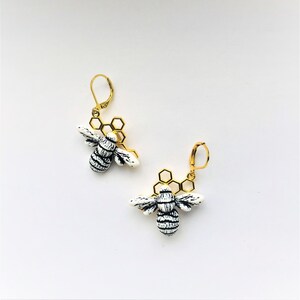 Bumblebee Earrings Honeybee Earrings White & Black Bees Insect Creature with Wings Zebra Bee Save the bees Keeper Bee Gift by enchantedbeas