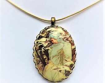 Cameo Oval Pendant/or Brooch, Victorian Winter Lady Four Seasons Alphonse Mucha Golden Brass Filigree Frame